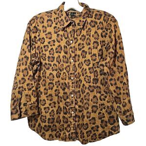 Lauren Ralph Lauren Green Label Womens Leopard Animal Print Button Shirt Size M
